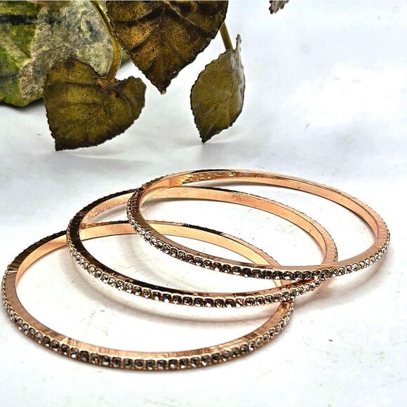 "5/$25" Set Of 3 Rose Goldtone Copper Rhinestone Bangle Bracelets Sz Average - Picture 2 of 6